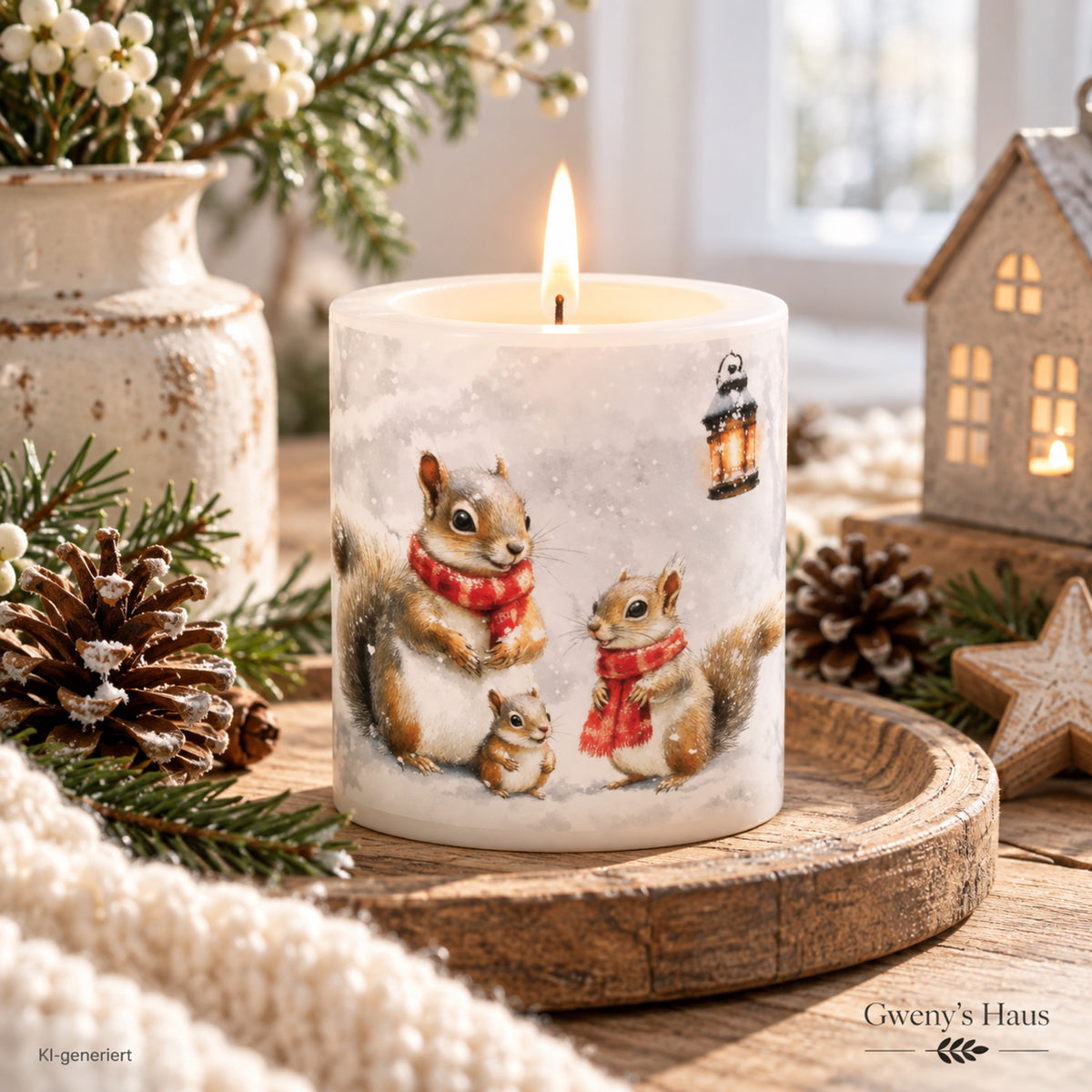 Kerze groß Eichhörnchen Familie Landhausstil