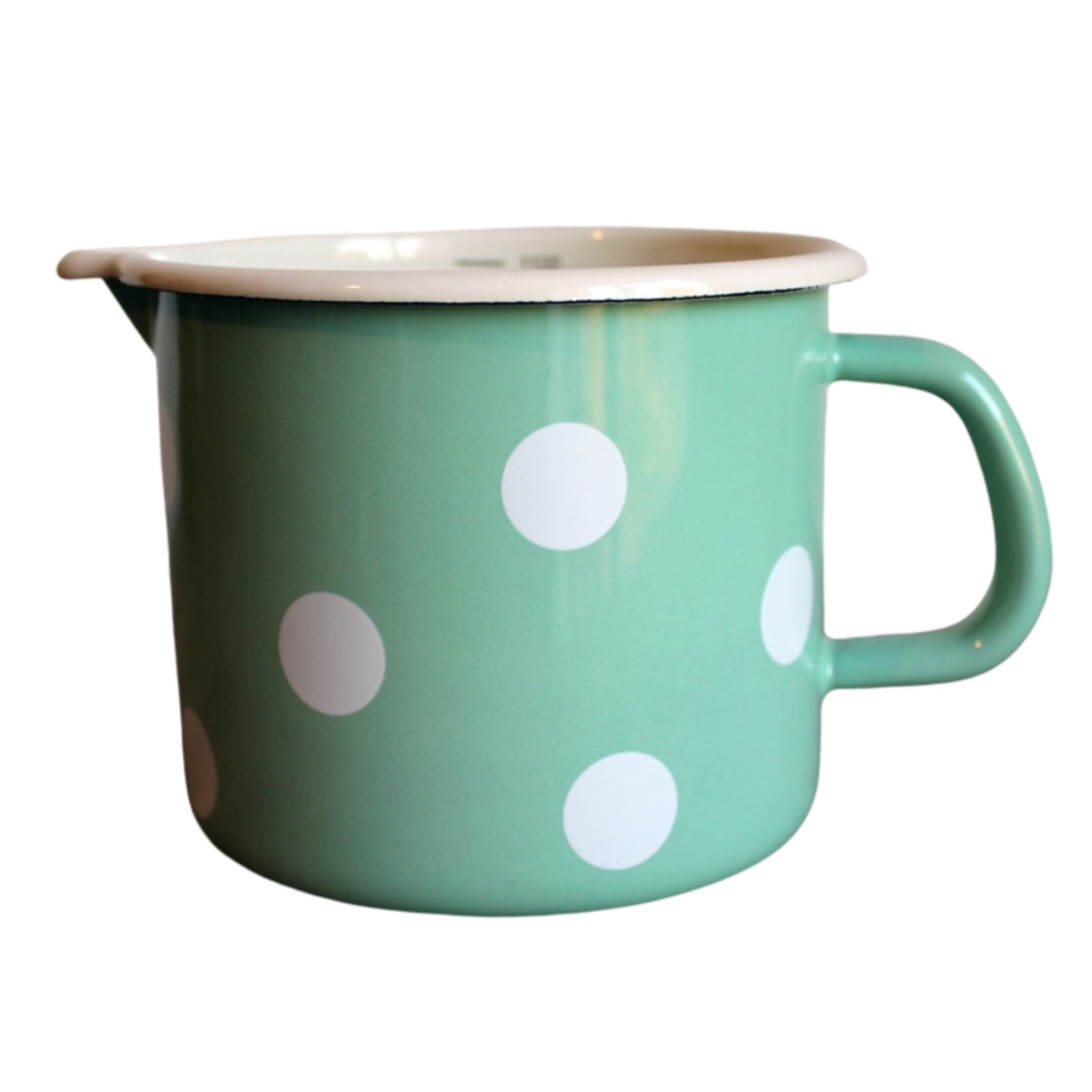 Emaille Milchtopf Mint Weiß gepunktet 1L mit Skala