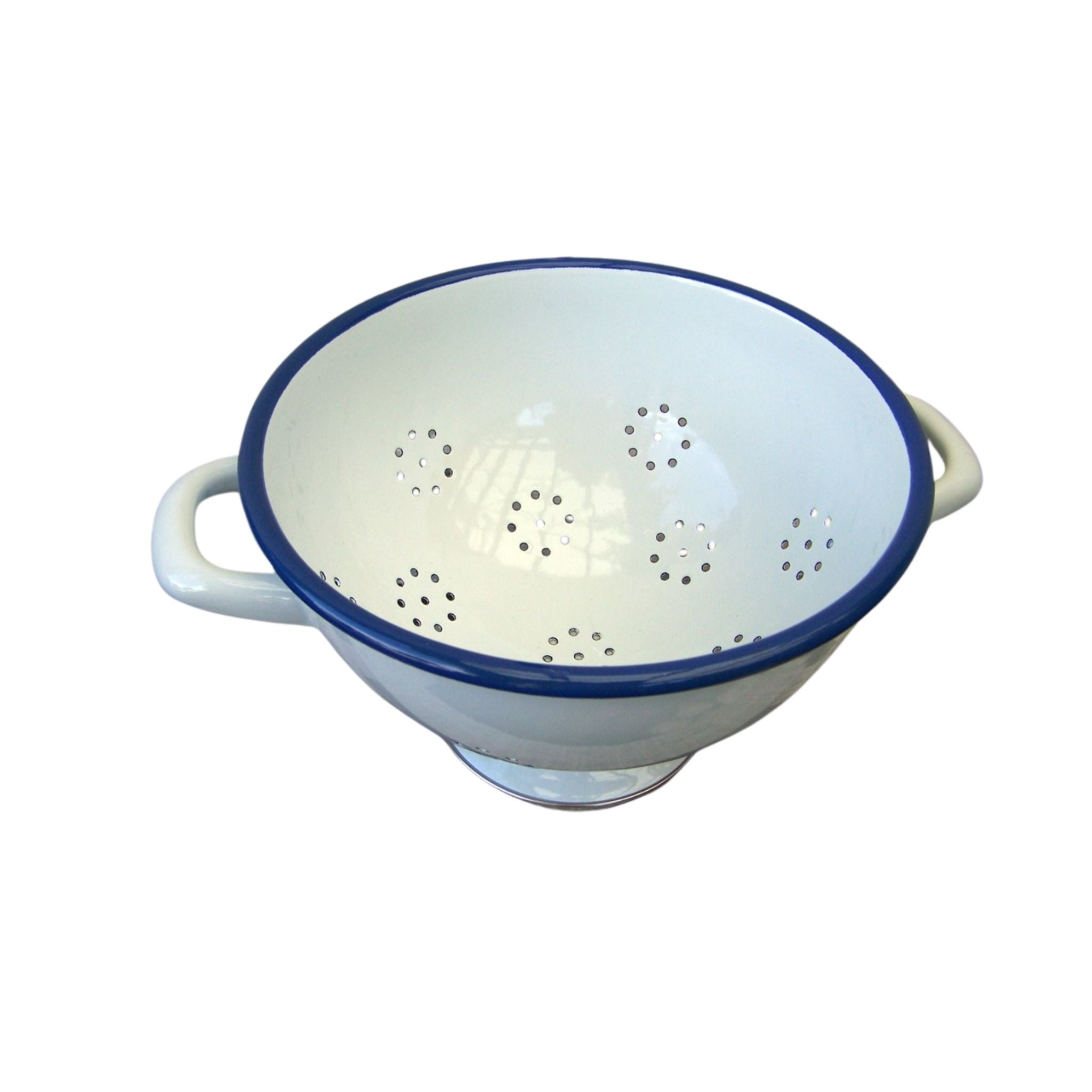 Nostalgischer Emaille Seiher in Weiß mit blauem Rand 21 cm
