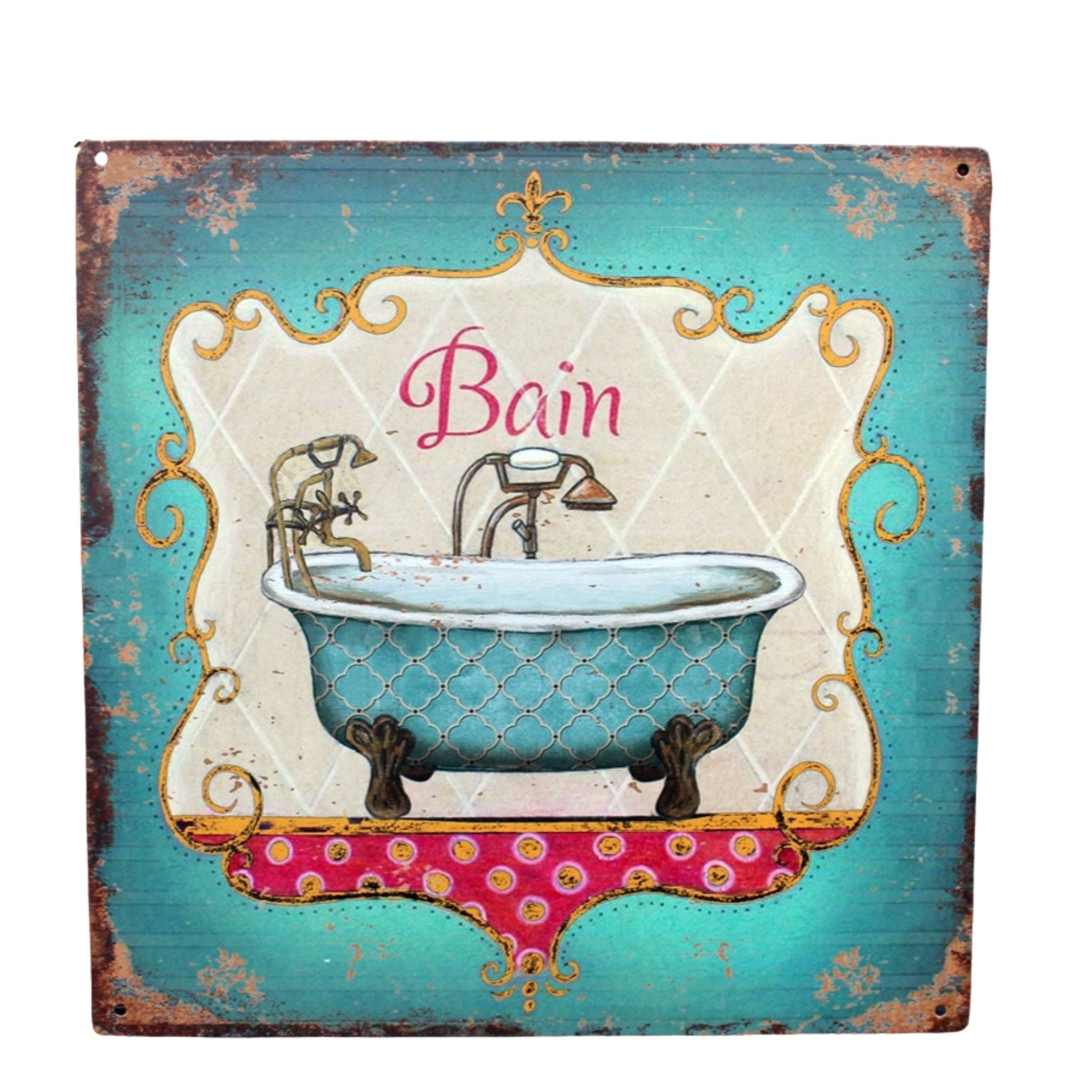 Shabby Blechschild Bain Bad 30 x 30 cm