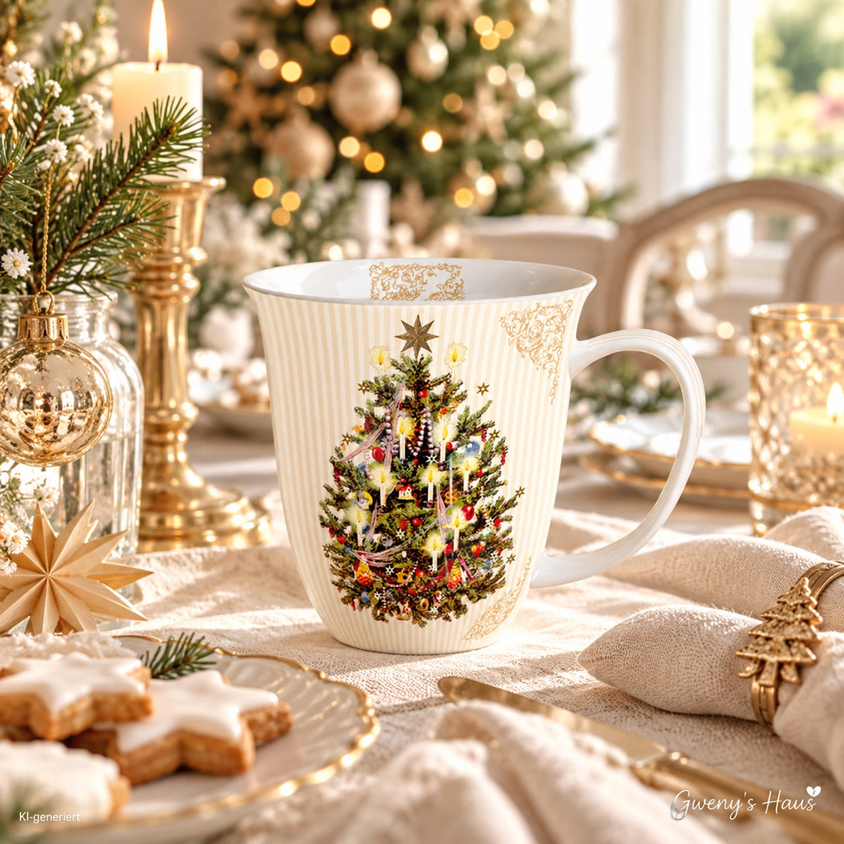 Porzellan Tasse Christbaum & Gold-Ornamente 0,4L