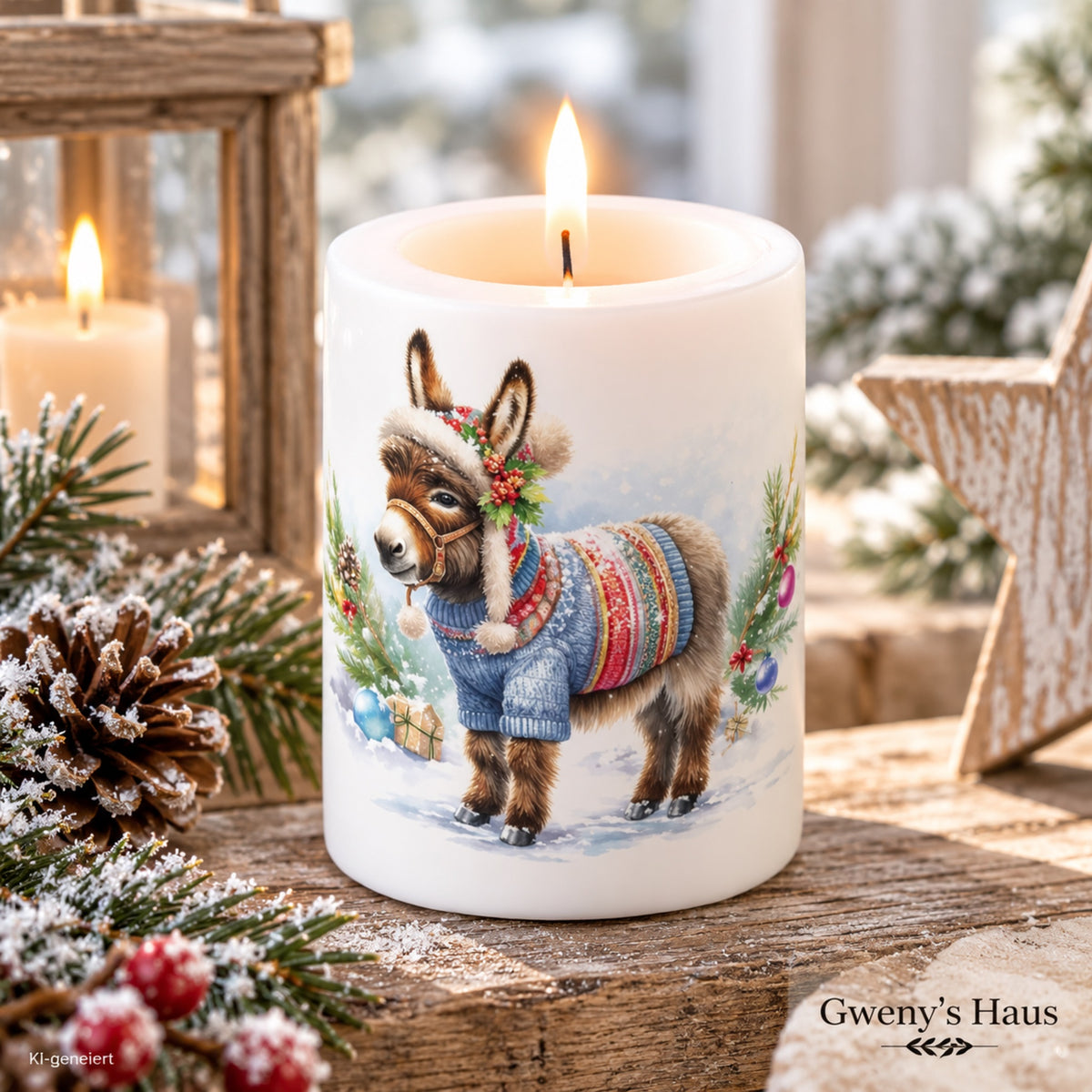 Kerze groß Esel im Weihnachtspulli Landhausstil