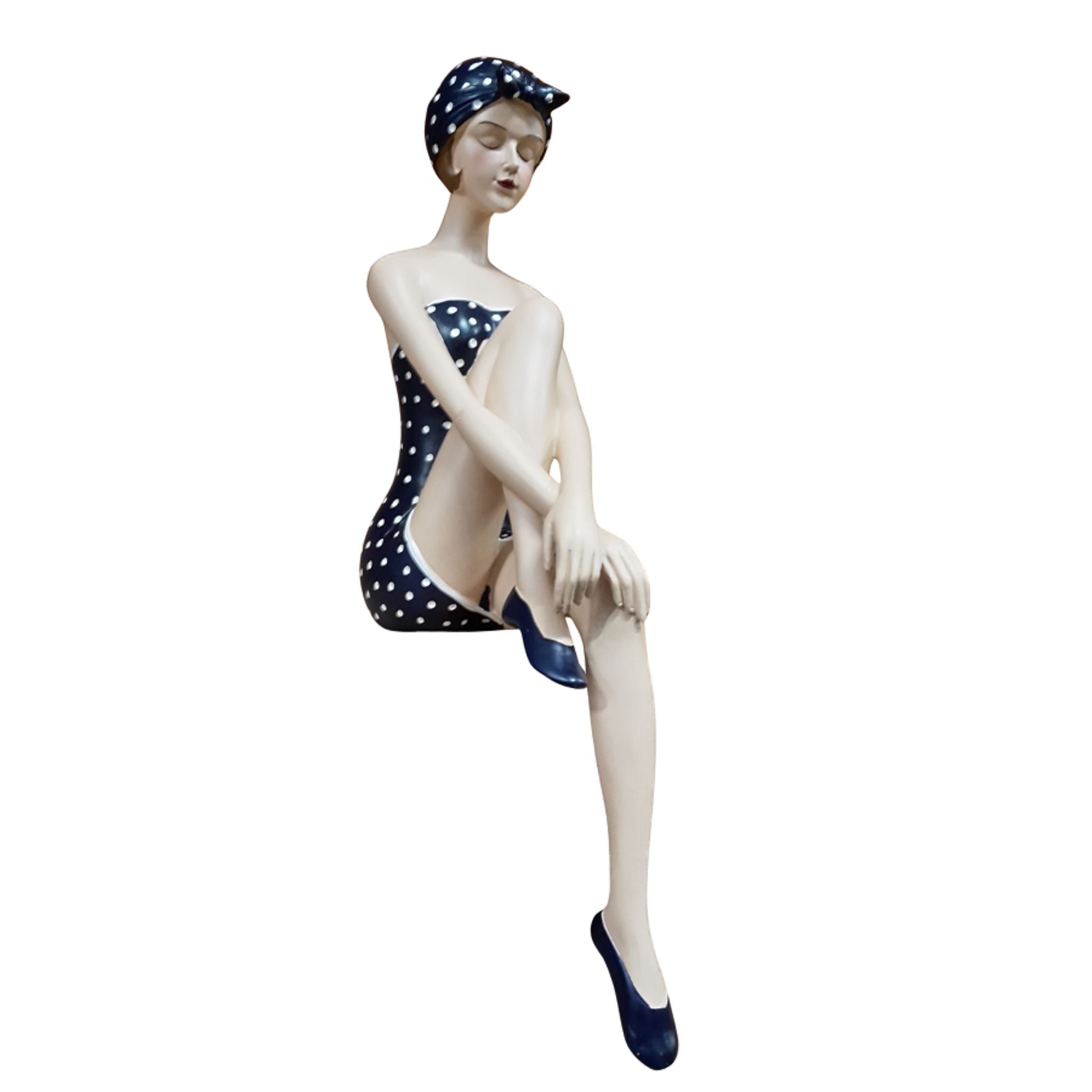 Badefrau Dekofigur Kantenhocker Retro-Look Marineblau/Weiß 44 cm