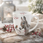 Tasse Esel und Rotkehlchen Teetasse Kaffeetasse Porzellan Tischdeko Hagebutten