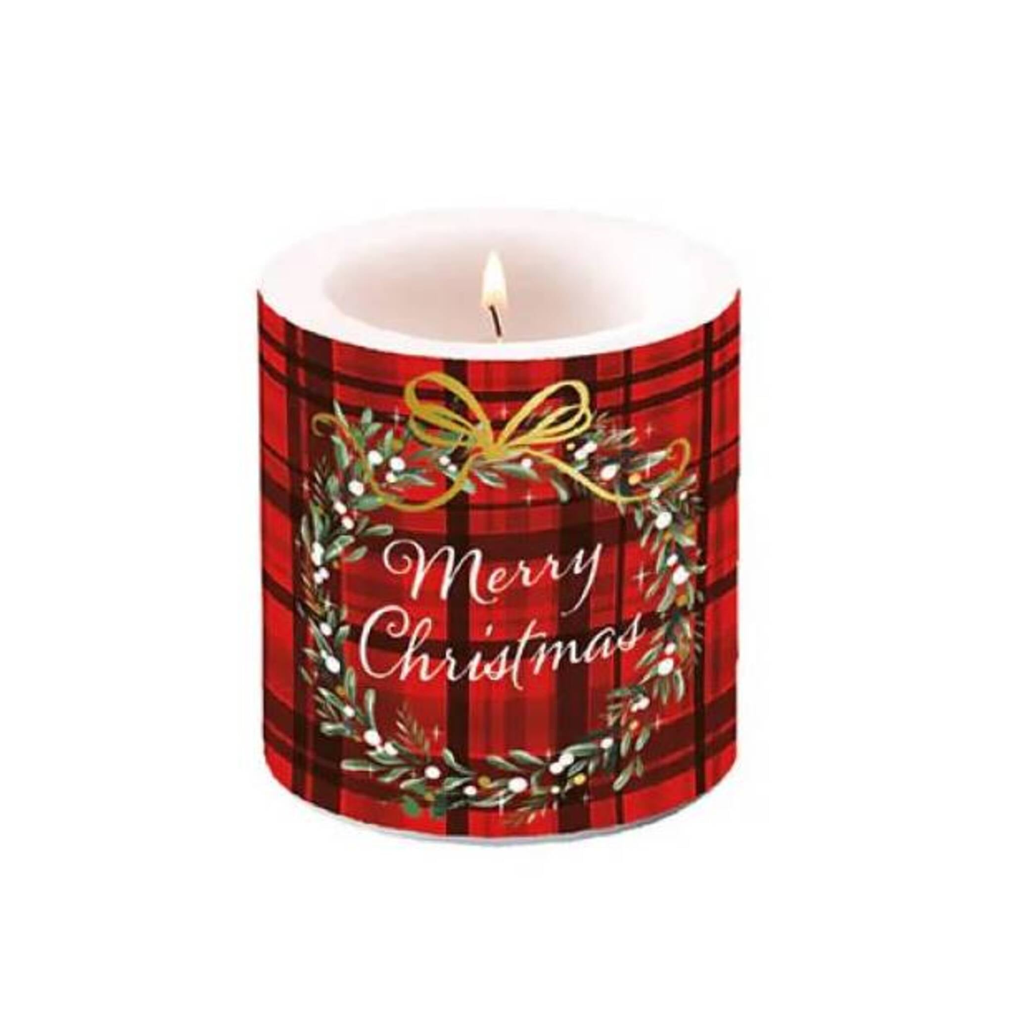 Kerze Weihnachts Plaid rot H9cm