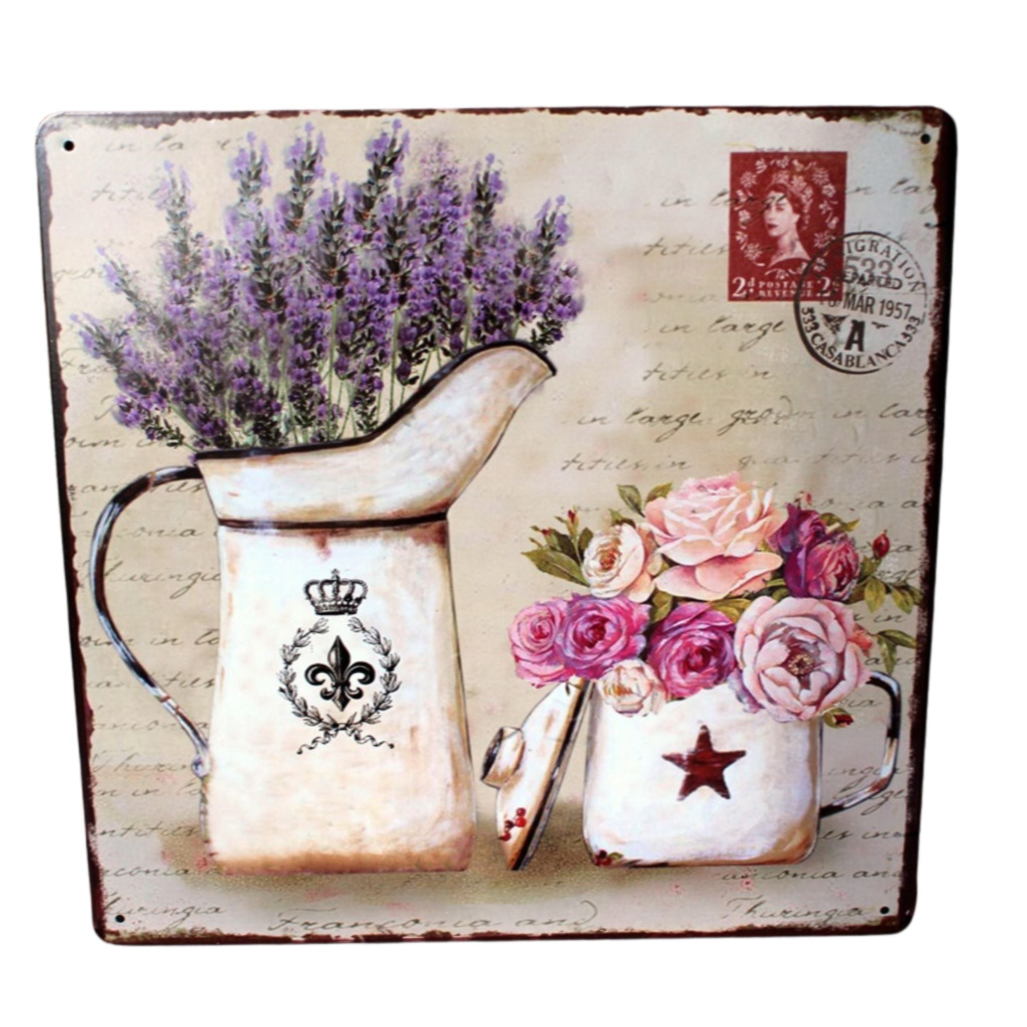 Shabby Blechschild Blumen Kannen Rosen Lavendel 30x30cm