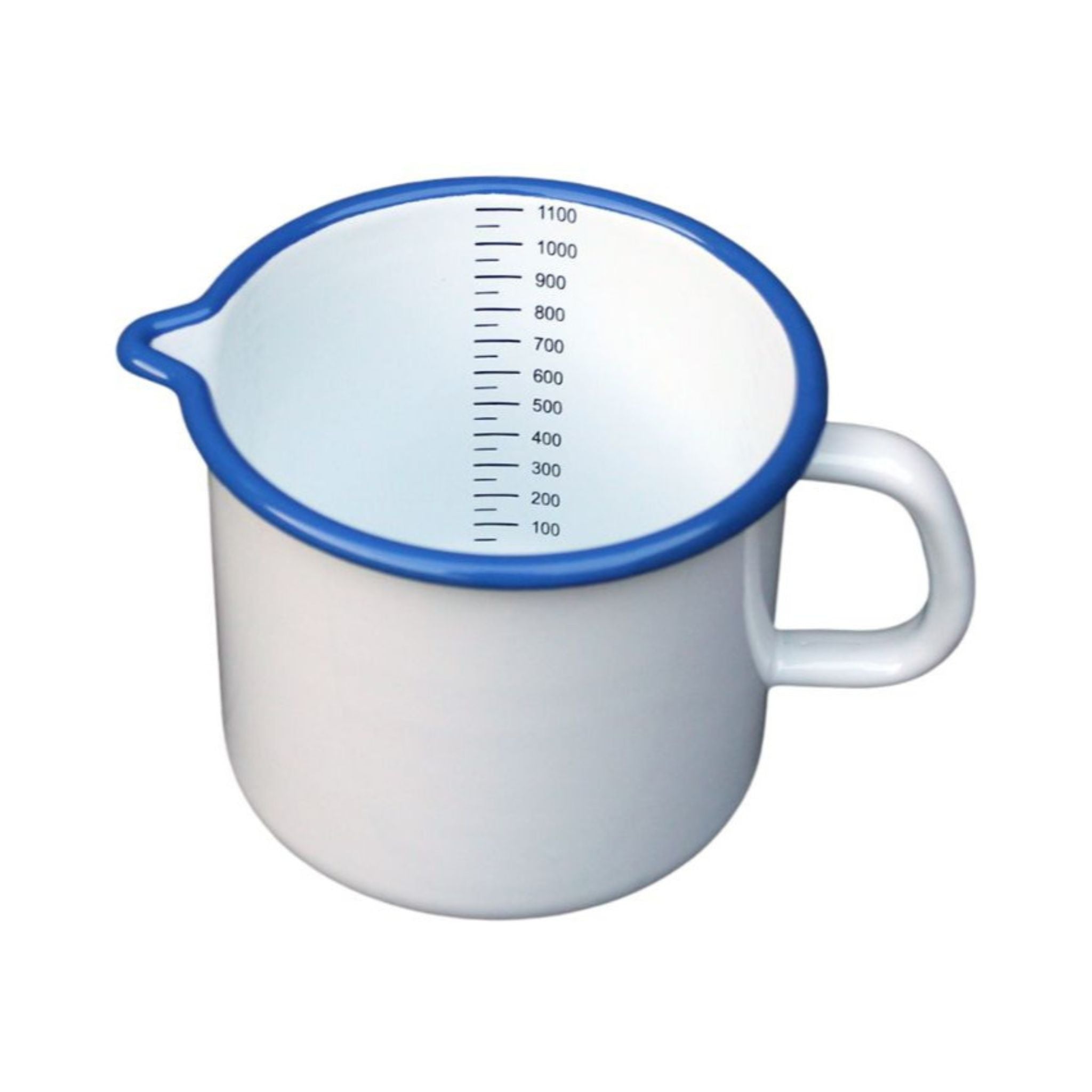 Emaille Milchtopf Weiß Blau 1L mit Skala im Vintage-Stil