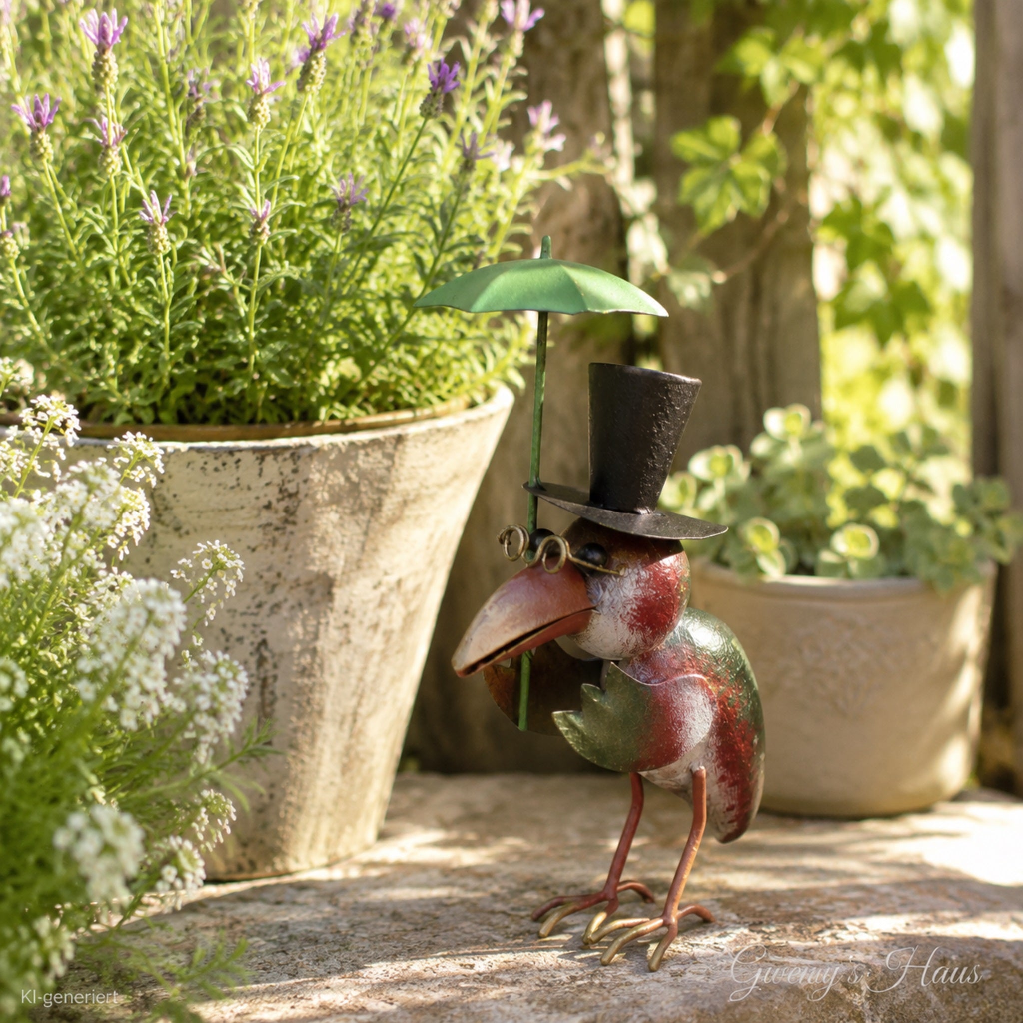 Rabe Gartenfigur mit Schirm Metallfigur 27cm