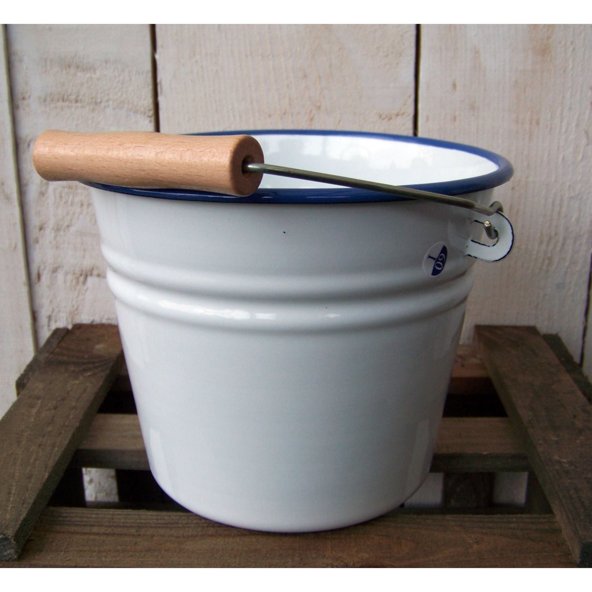 Emaille Eimer Weiß Blau mit Holzgriff 2 Liter