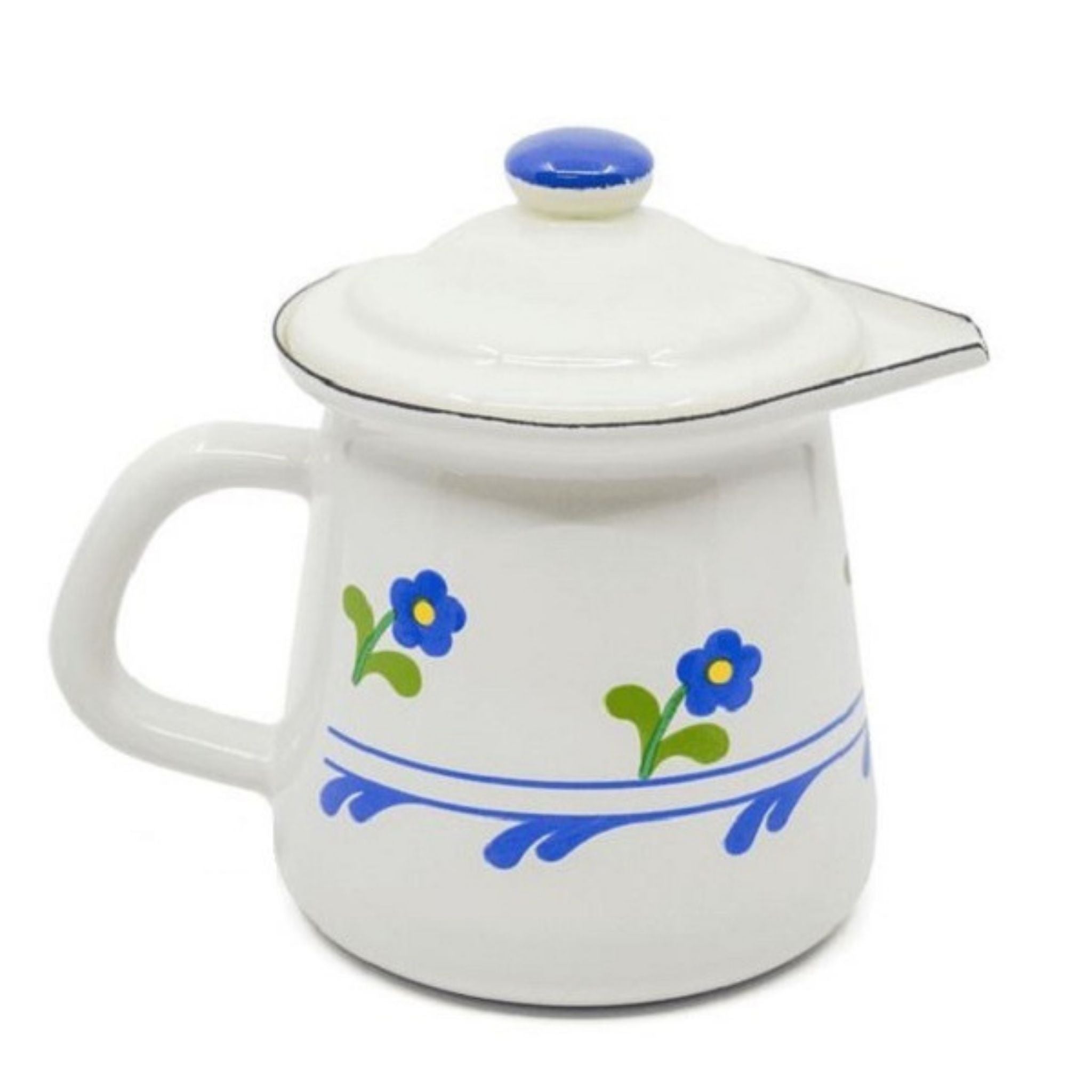Emaille Milchkännchen Weiß Blau 0,4L mit Deckel