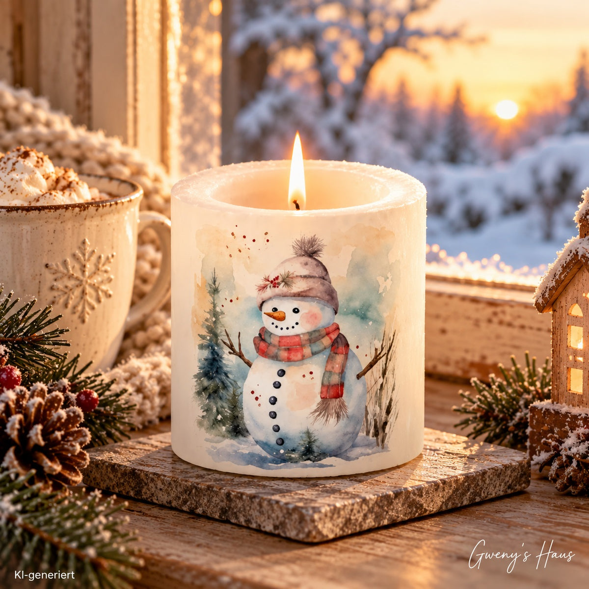 Kerze groß Lustiger Schneemann mit Schal und Mütze 10 cm
