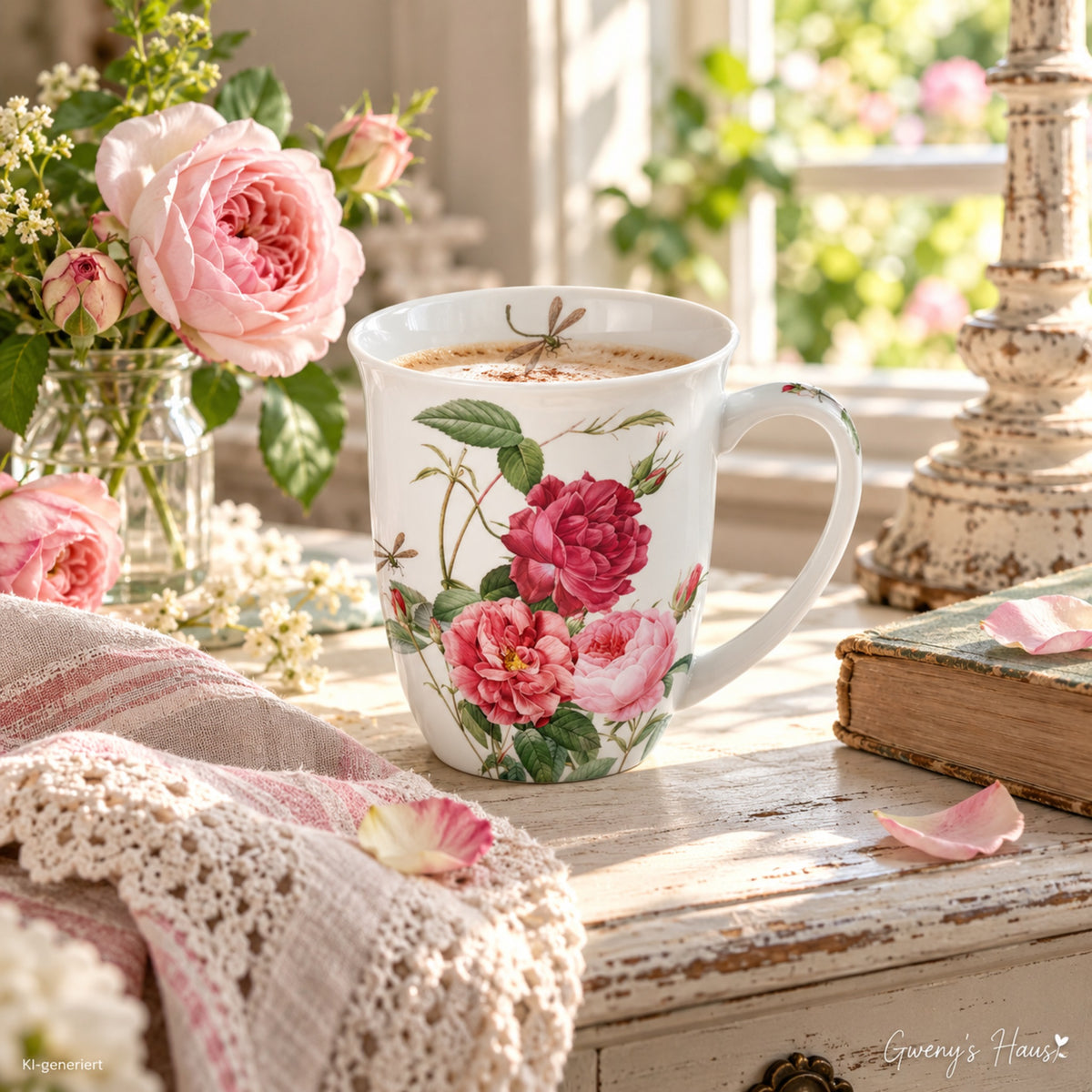 Porzellan Tasse Rosenpracht mit Libelle 0,4L