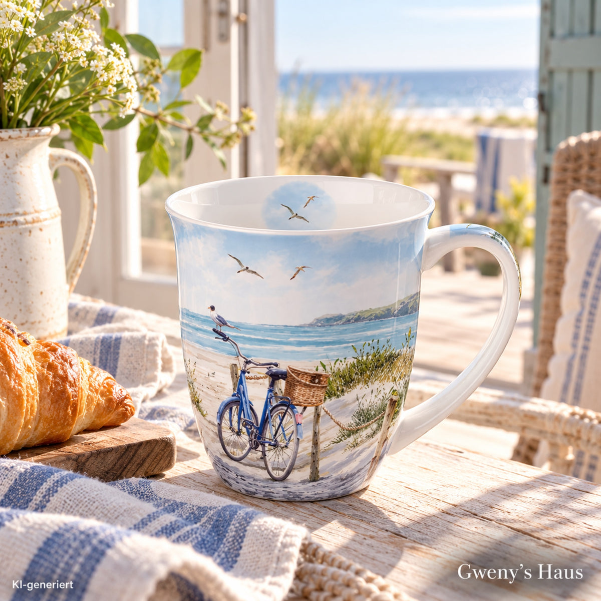 Porzellan Tasse Fahrrad am Strand Maritimer Stil 0,4L