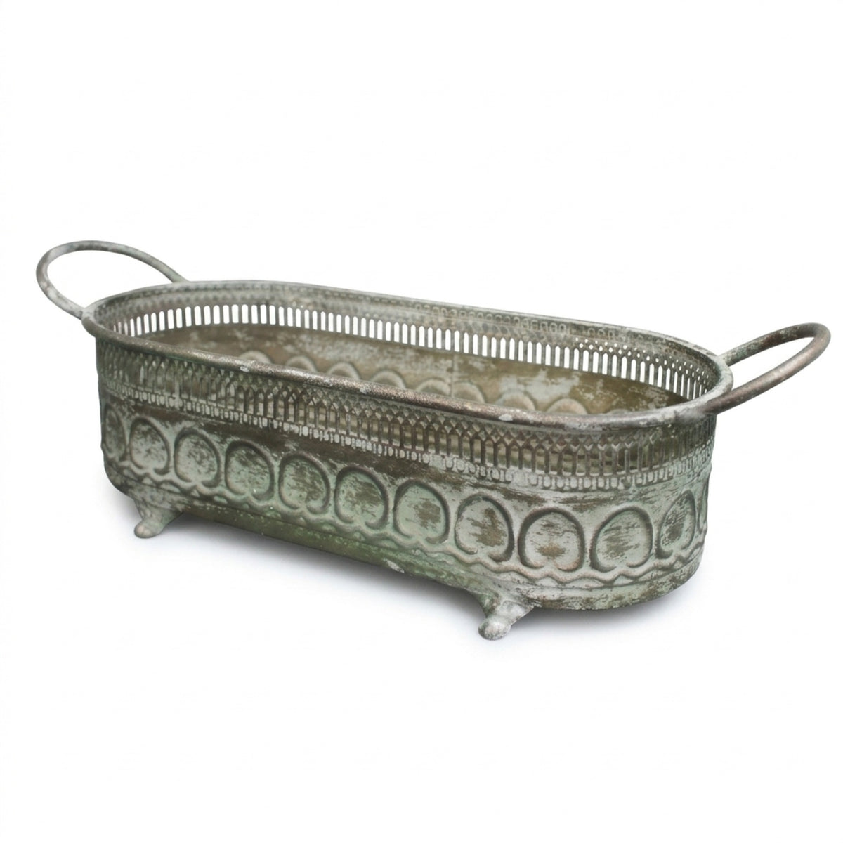 Pflanzschale oval aus Metall in Antikgrün L 42 cm