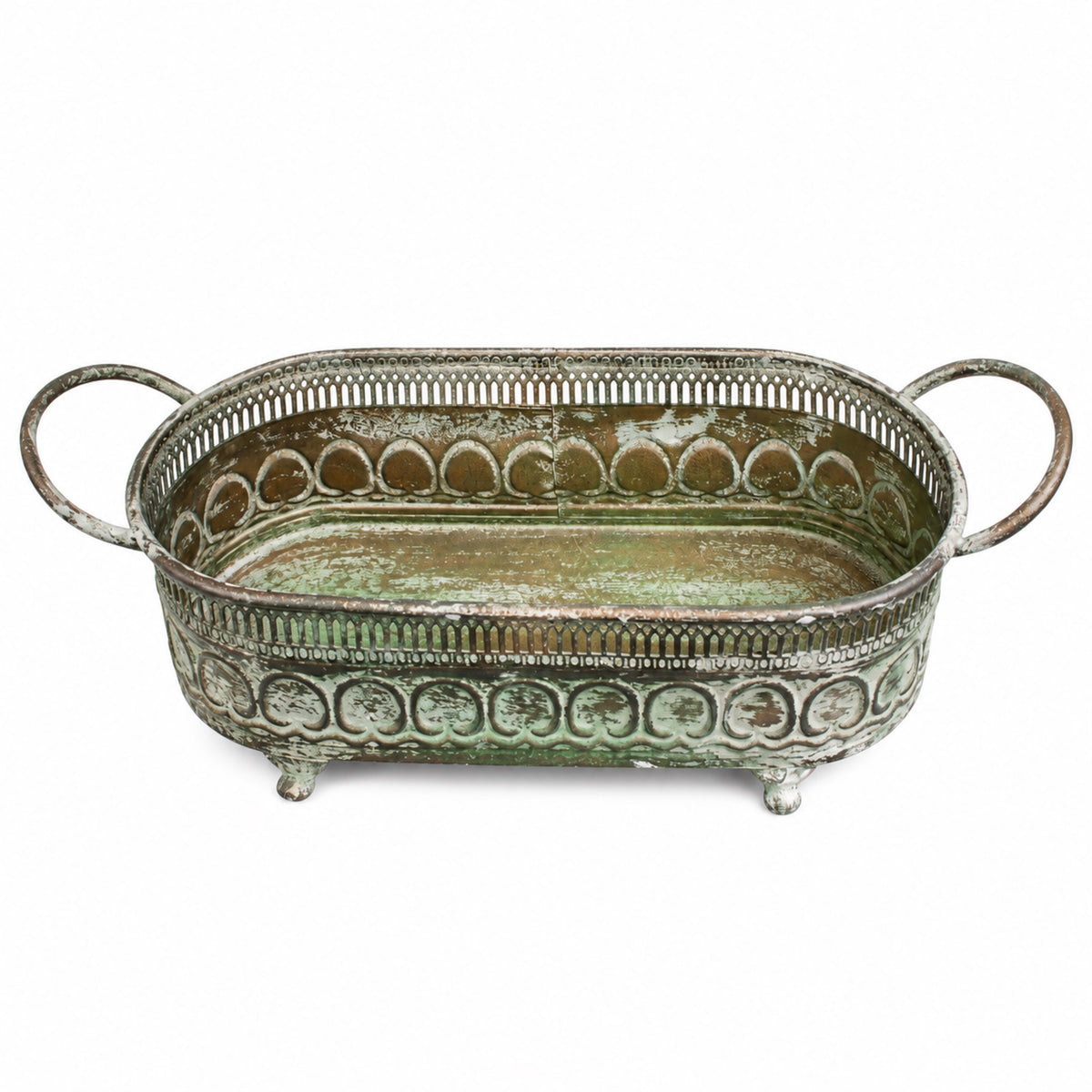 Pflanzschale oval aus Metall in Antikgrün L 42 cm