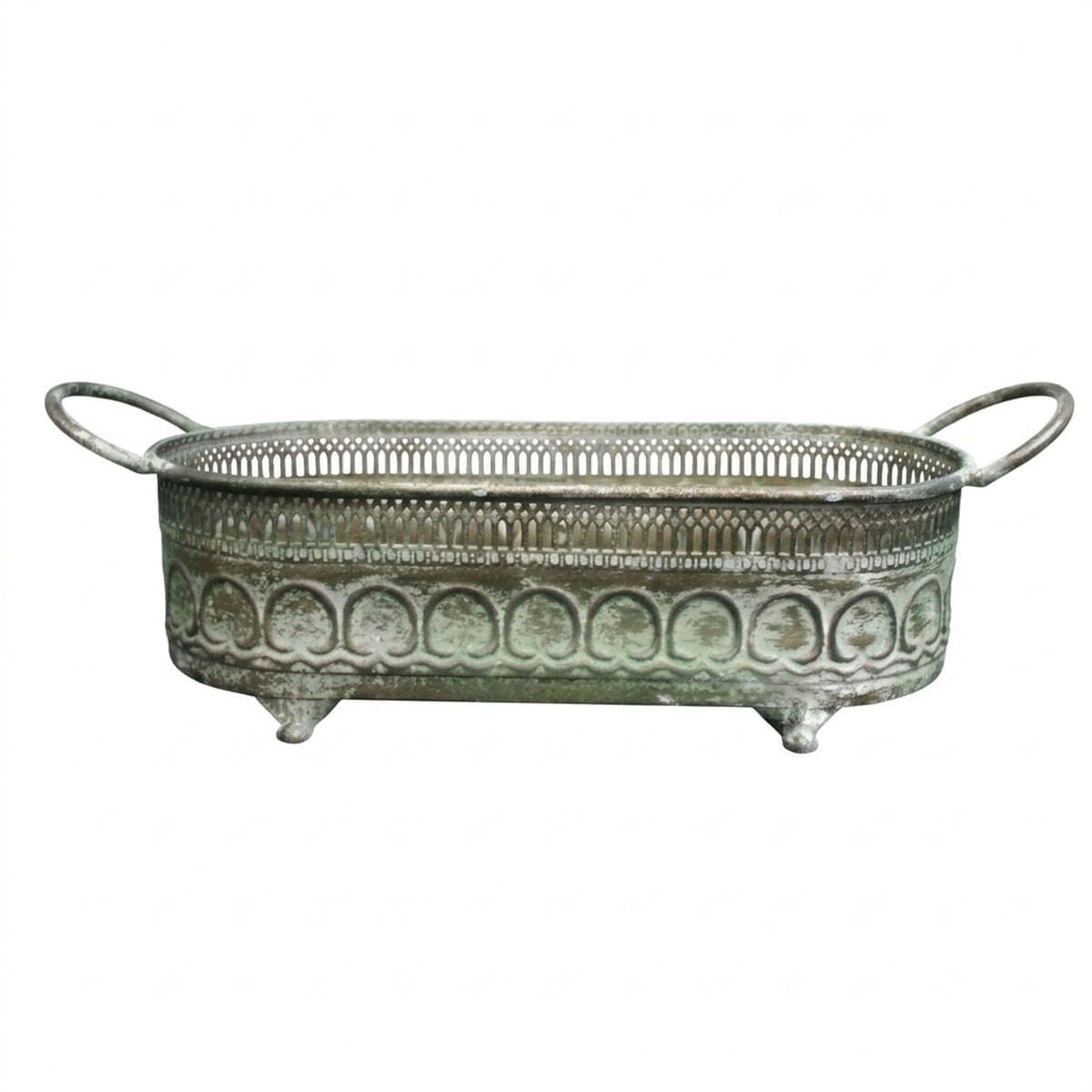 Pflanzschale oval aus Metall in Antikgrün L 42 cm