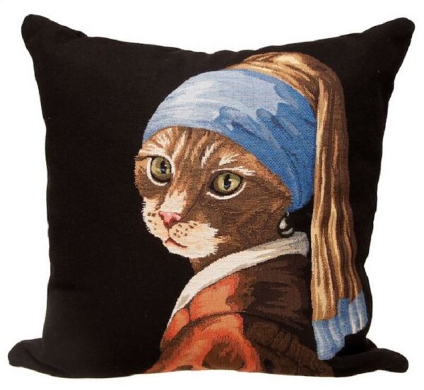 Gobelin Kissen Katze mit Perlenohrring