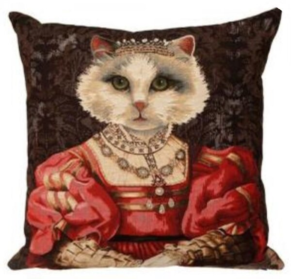 Gobelin Kissen Edle Katze Zierkissen klassisch Halskette Kleid Sofakissen cat 