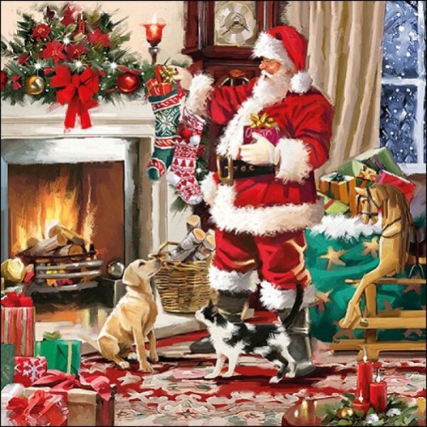 20 Servietten Weihnachtsmann am Kamin