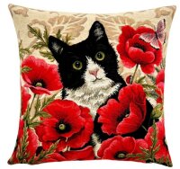 Gobelin Kissen Katze und Blumen